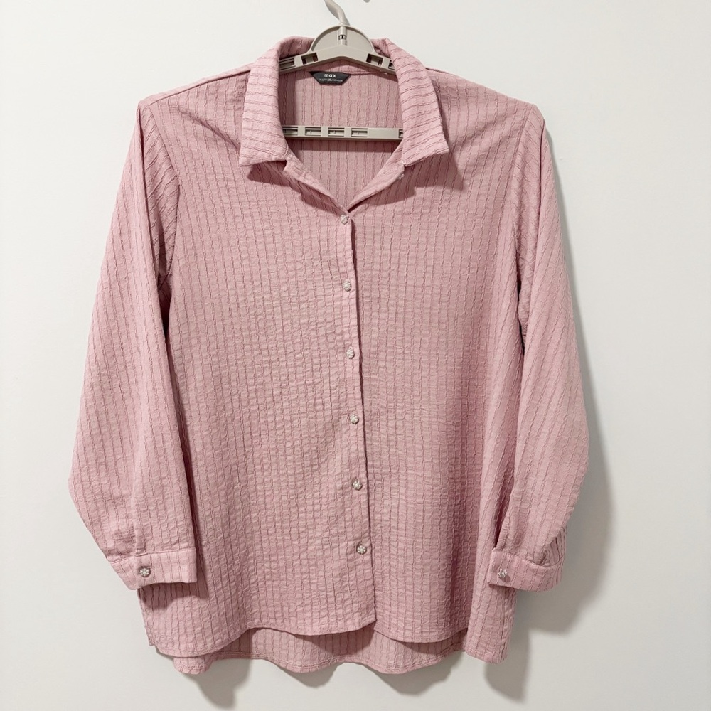 Max Button-Up Blouse Womens Size 2XL Pink Textured Casual‎ Long Sleeve